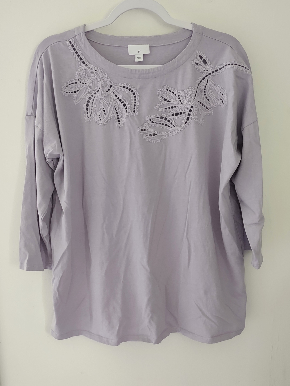 J. Jill Eyelet Floral Design Lavender Long-Sleeve Tee with Leaf Cutwork Large